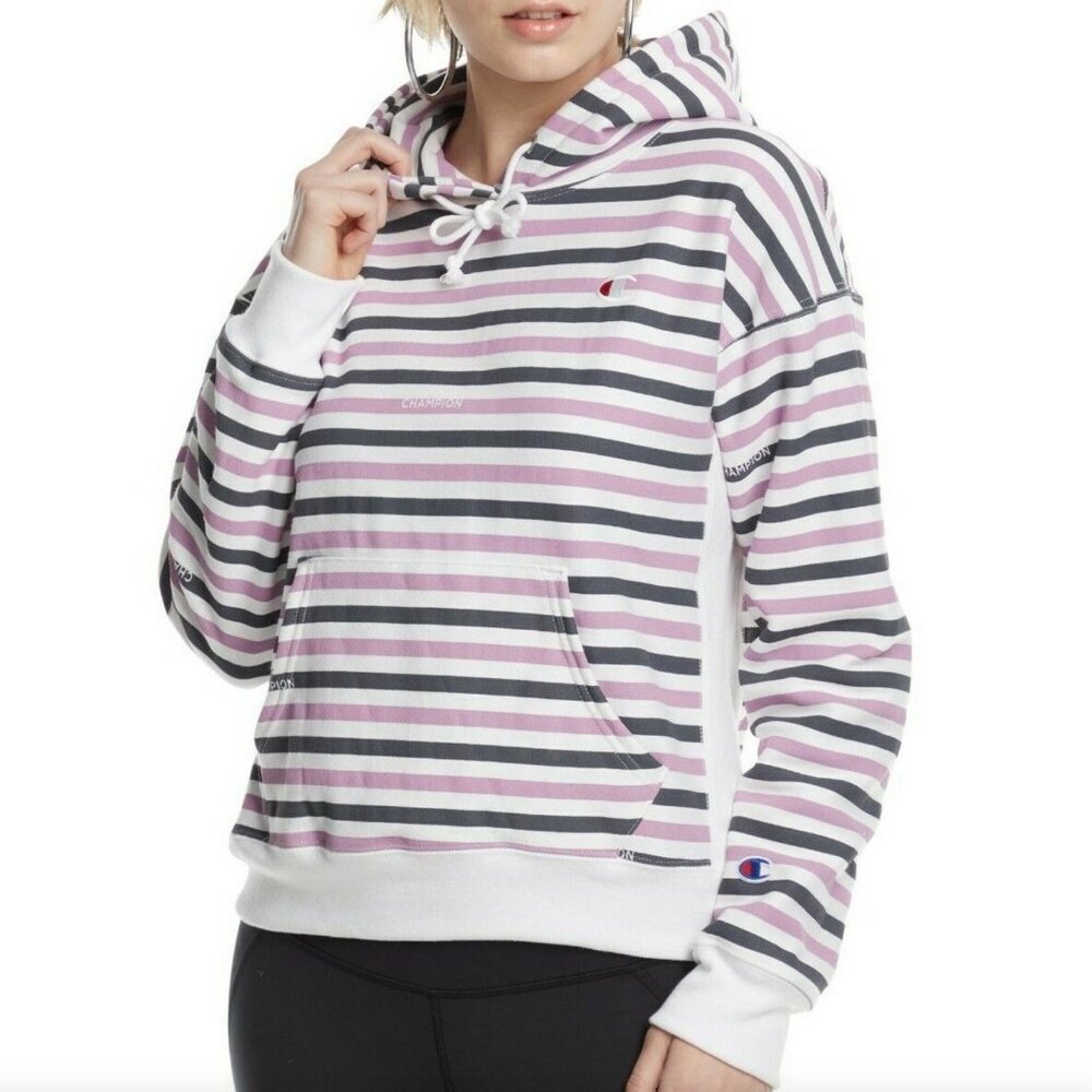 CHAMPION Life Reverse Weave Print Hoodie White Purple Gray Striped Colorblock S